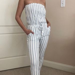 Blue stripped strapless jumpsuit